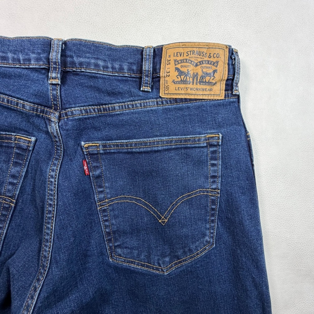 Levis Workwear 505 Regular Fit Mens Jeans Dark Wash Indigo 35x32 Straight Leg - Picture 9 of 11